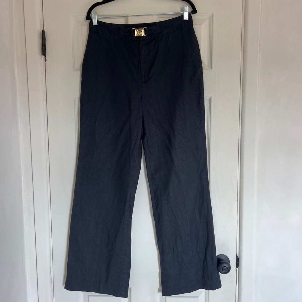 Ralph Lauren Navy 100% Linen Momen's Trousers Gold Buckle Natural Fiber